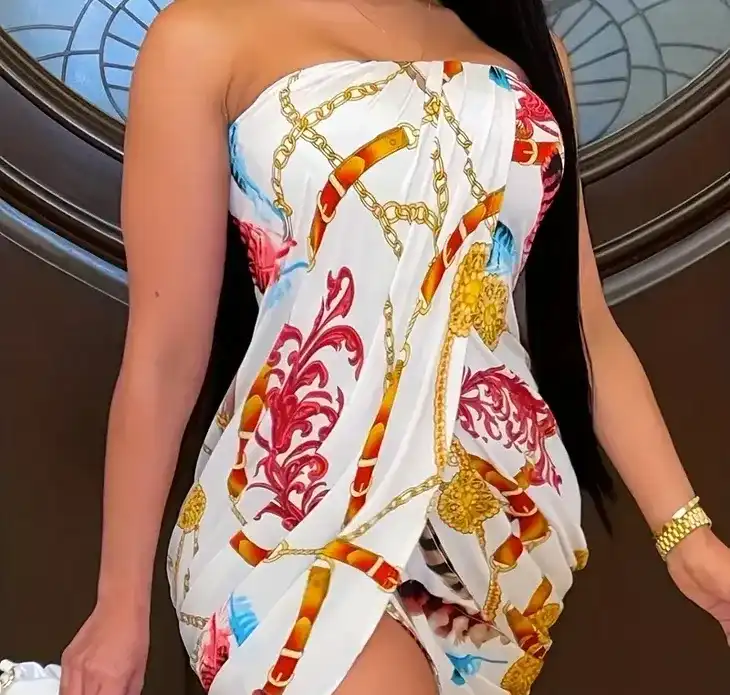Baroque Floral Print Tube Dress, Sexy Off Shoulder Bodycon Mini Dress
