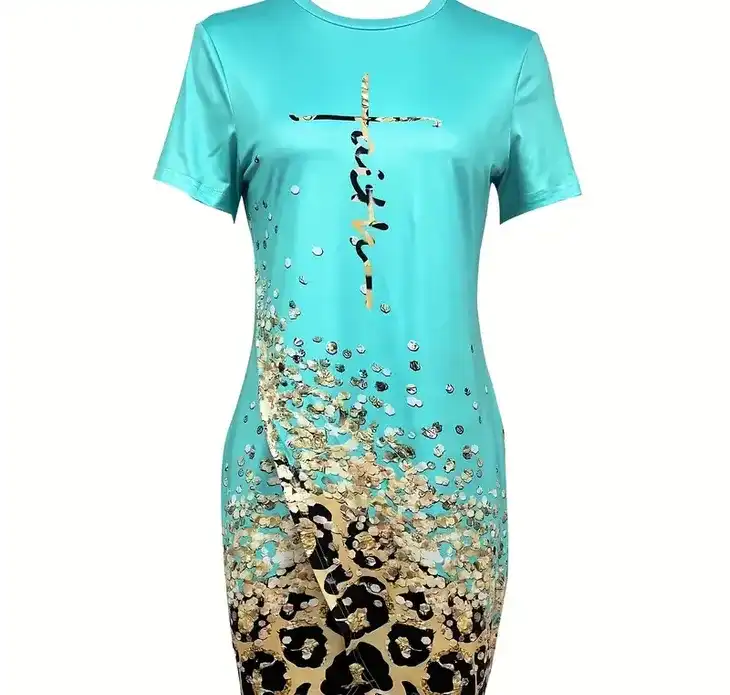 Leopard Faith Print Dress, Casual Asymmetrical Hem Short