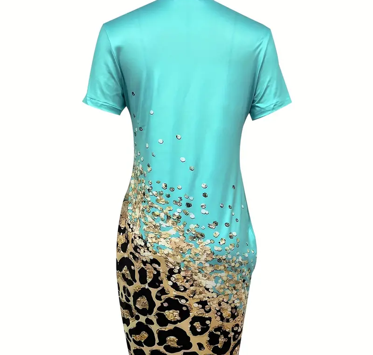 Leopard Faith Print Dress, Casual Asymmetrical Hem Short