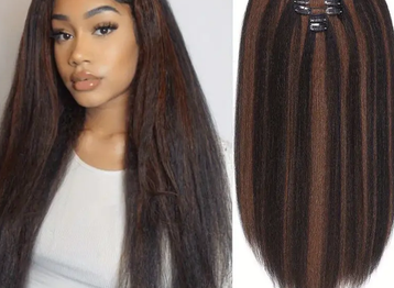 7 Pcs Kinky Straight Clip-In Hair Extensions - Full Head Yaki Synthetic Hair with 16 Clips - Get Long Thick Hair Instantly!